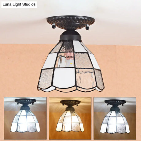 White Stained Glass Tiffany Semi Flush Mount Ceiling Light - 7 Inches Width Bedroom Lighting