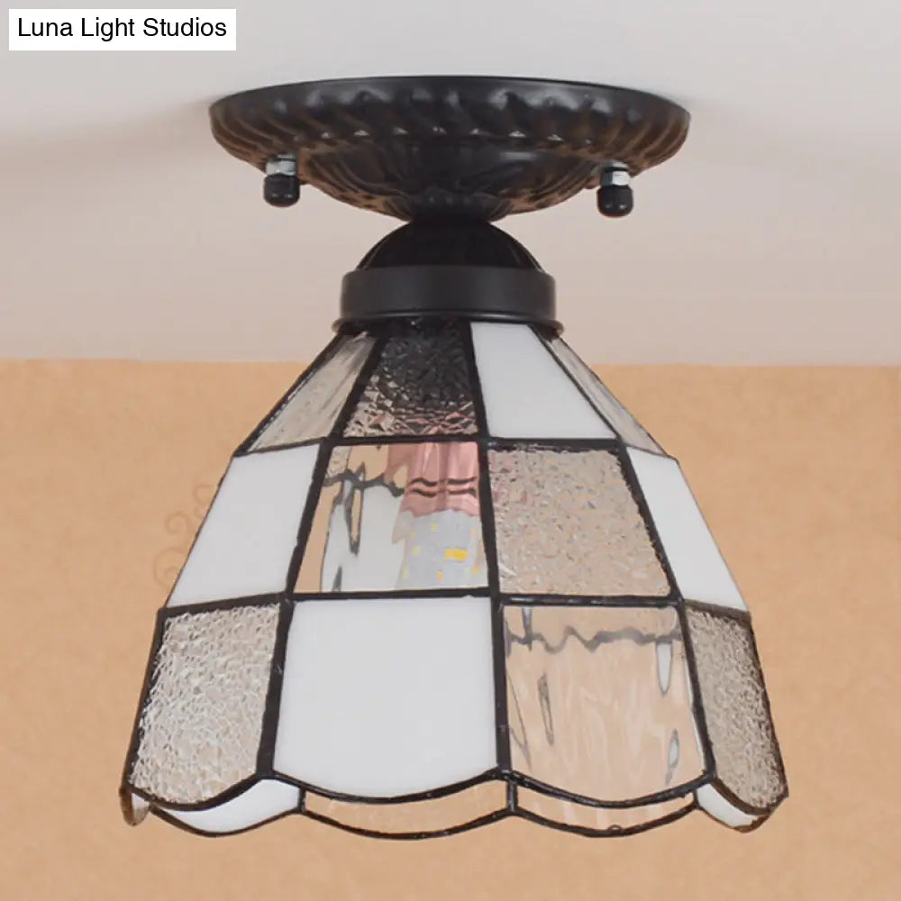 White Stained Glass Tiffany Semi Flush Mount Ceiling Light - 7 Inches Width Bedroom Lighting