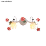 White Vanity Sconce With 2/3 Heads - Country Style Metal Rose Wall Lamp For Bathroom