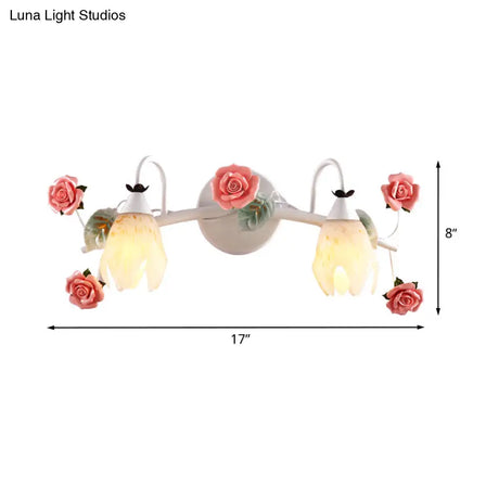 White Vanity Sconce With 2/3 Heads - Country Style Metal Rose Wall Lamp For Bathroom