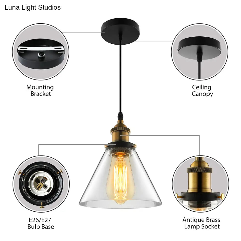 Wide Cone Pendant Light - Industrial Grey/Brown/Clear Glass Hang Lamp 5.5’/7’ Bronze