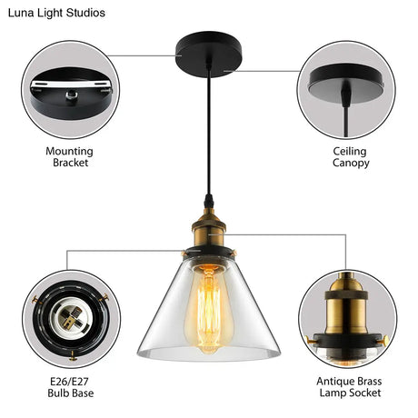 Wide Cone Pendant Light - Industrial Grey/Brown/Clear Glass Hang Lamp 5.5’/7’ Bronze
