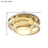 Wide Led Ceiling Lamp - Modern Ring Design With Clear Rectangular - Cut Crystals Stainless - Steel