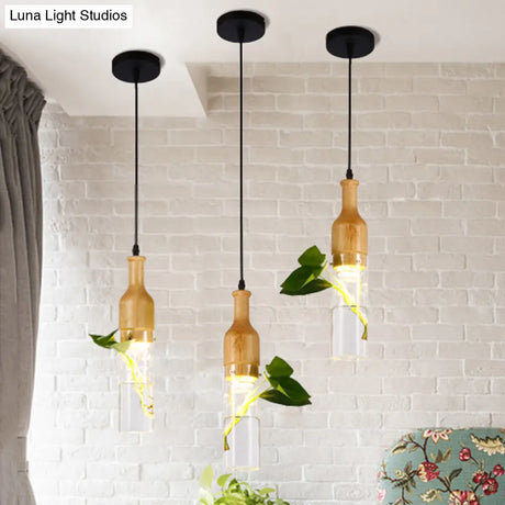 Wine Glass Pendant Art Deco Ceiling Fixture - Clear & Wood | Bedroom Plant Décor 1-Bulb Hang