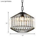 Wire Geometric Suspension Light With Crystal Block Accent - Modern Black Ceiling Pendant