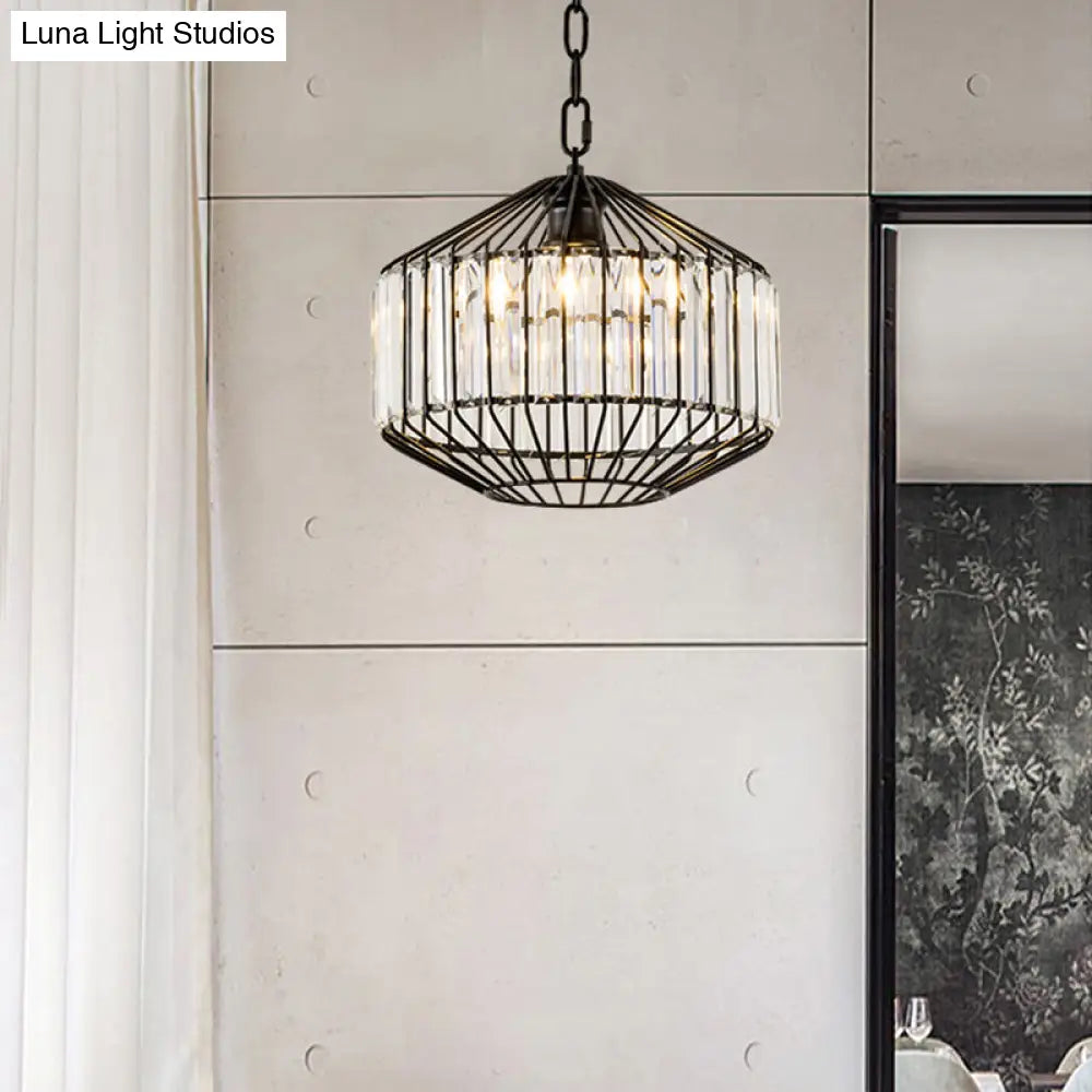 Wire Geometric Suspension Light With Crystal Block Accent - Modern Black Ceiling Pendant