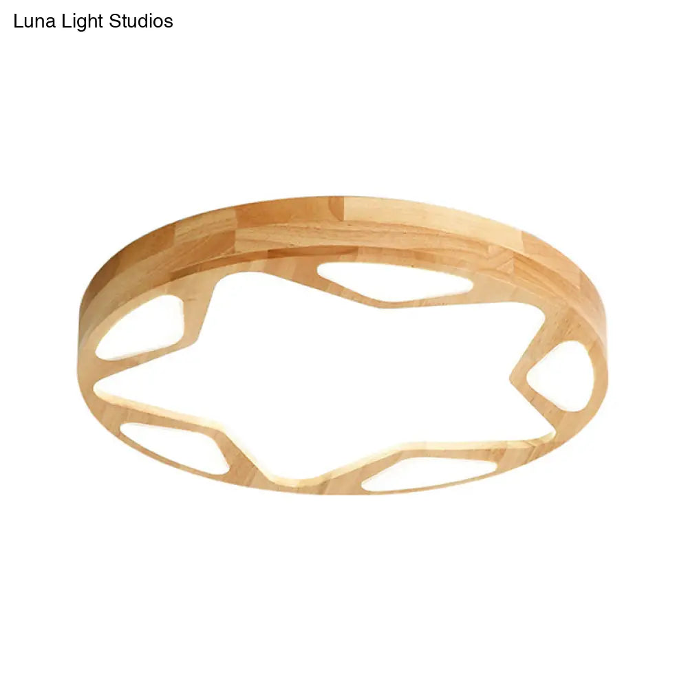 Wood Art Deco Led Flush Ceiling Light - Star Living Room Fixture In Beige