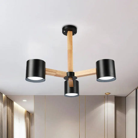 Wood & Iron Nordic Pendant Light With Drum Shade For Study Room In Black/White 3 / Black