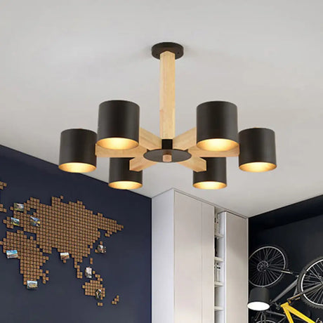 Wood & Iron Nordic Pendant Light With Drum Shade For Study Room In Black/White 6 / Black