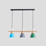 Wood & Metal Macaron Bowl Pendant Light With 3 Lights For Island Electric Socket Dark Blue-Gray