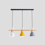 Wood & Metal Macaron Bowl Pendant Light With 3 Lights For Island Electric Socket White-Yellow