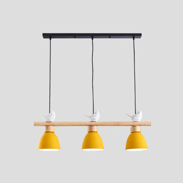 Wood & Metal Macaron Bowl Pendant Light With 3 Lights For Island Electric Socket Yellow
