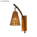 Wood Wall Lamp With Bamboo Cone Shade & Lodge Style Hollow Design - Perfect For Bedroom (Left/Right)