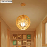Wooden 2-Layer Cage Pendant Ceiling Light With Interior Fabric Shade - Asia Style