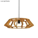 Wooden Asian Drum Pendant Light - 1-Light Study Room Ceiling Lamp