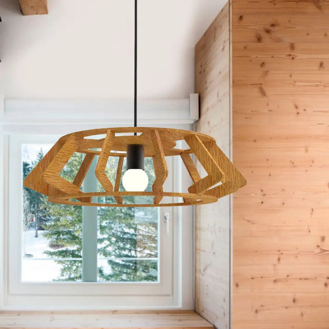 Wooden Asian Drum Pendant Light - 1-Light Study Room Ceiling Lamp Wood