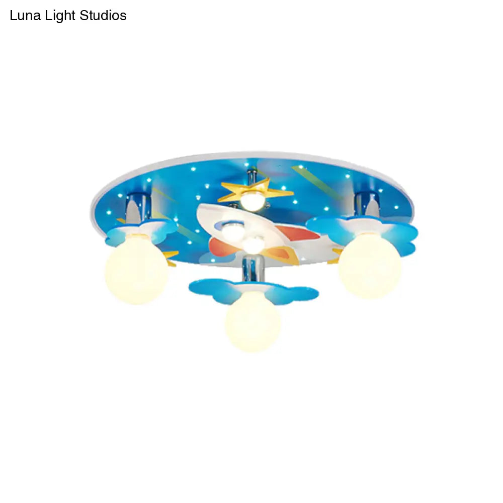 Wooden Blue Kids Spaceship Ceiling Lamp For Kindergarten