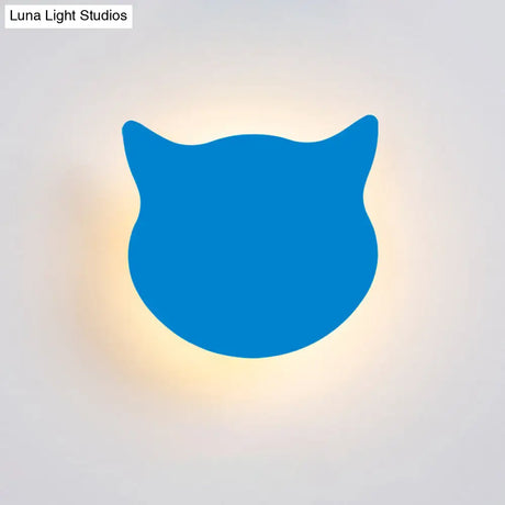 Wooden Cat Head Mini Wall Light: Cartoon Led Sconce In Pink/Blue/Yellow For Kinder Ready Room