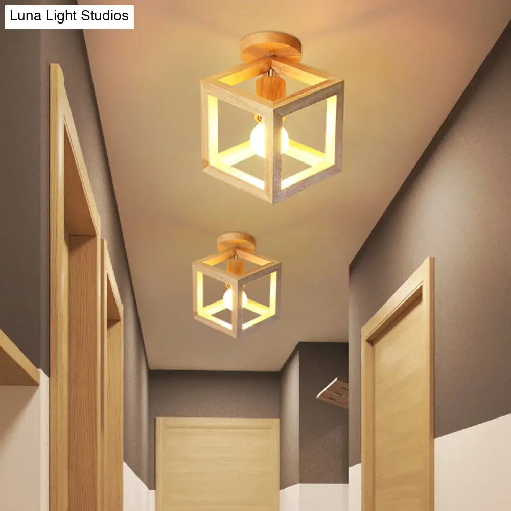 Wooden Cube Cage Semi Flush Nordic Ceiling Light - Beige 1 - Bulb Fixture For Corridor