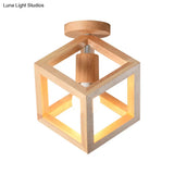Wooden Cube Cage Semi Flush Nordic Ceiling Light - Beige 1 - Bulb Fixture For Corridor