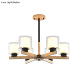 Wooden Hanging Chandelier With Double Glass Cylinder Shade - 3/6 Light Ceiling Lamp For Living Room