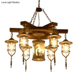 Wooden Hanging Light Kit For Restaurants: Metal Caged Chandelier With 3/7 Lights