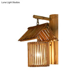 Wooden House Shaped Wall Light Sconce - Lodge Style Bamboo Lamp For Balcony
