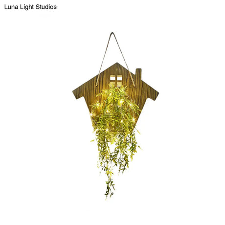 Wooden House Wall Light With Modern Flower/Plant String Accent Ideal For Cafes And Tea Shops
