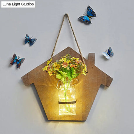 Wooden House Wall Light With Modern Flower/Plant String Accent Ideal For Cafes And Tea Shops