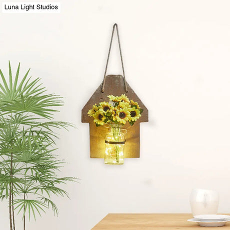 Wooden House Wall Light With Modern Flower/Plant String Accent Ideal For Cafes And Tea Shops