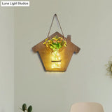 Wooden House Wall Light With Modern Flower/Plant String Accent Ideal For Cafes And Tea Shops