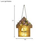 Wooden House Wall Light With Modern Flower/Plant String Accent Ideal For Cafes And Tea Shops