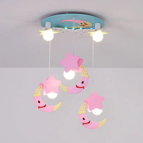 Wooden Moon And Star Semi Flush Mount Ceiling Light With Cartoon Design - 5 Blue/Pink Lights Pink