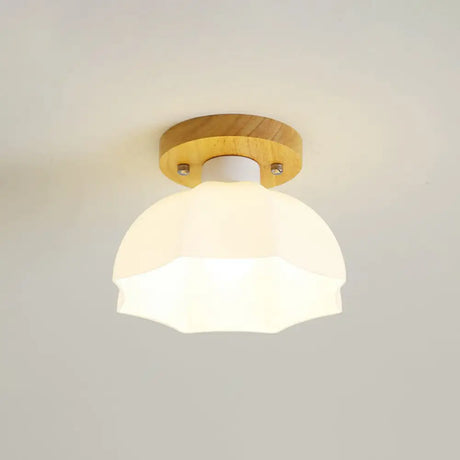 Wooden Nordic Semi Flush Ceiling Light With White Glass - Small Size / C