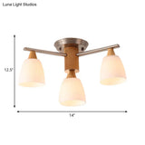 Wooden Semi Flush Mount Light With Modern White Glass Shade & 4 Tapered Lights