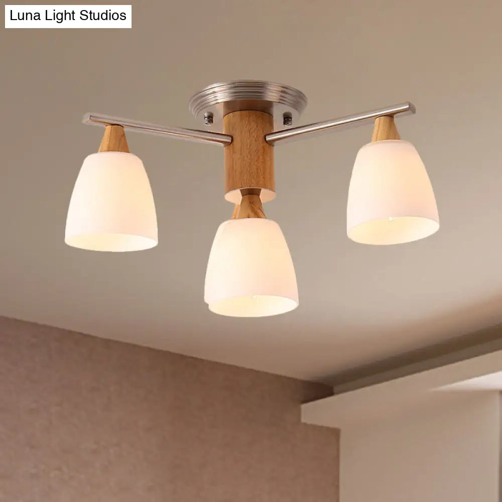 Wooden Semi Flush Mount Light With Modern White Glass Shade & 4 Tapered Lights