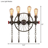 Wrought Iron Bistro Wall Light With Decorative Wheel And Chain In Silver/Bronze - 2/4-Light Loft