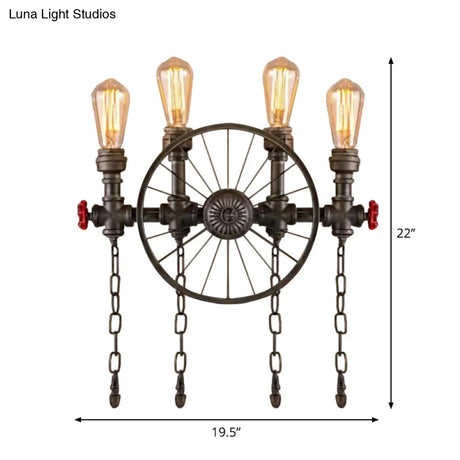 Wrought Iron Bistro Wall Light With Decorative Wheel And Chain In Silver/Bronze - 2/4-Light Loft