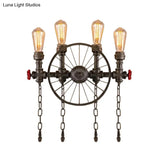 Wrought Iron Bistro Wall Light With Decorative Wheel And Chain In Silver/Bronze - 2/4-Light Loft