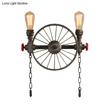 Wrought Iron Bistro Wall Light With Decorative Wheel And Chain In Silver/Bronze - 2/4-Light Loft