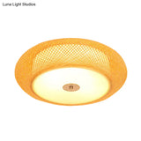 Yellow Bamboo Led Ceiling Light With Asian Drum Style - 16’/19.5’ Width For Living Room Flushmounts