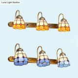 Yellow/Blue Tiffany Glass Vanity Sconce Light For Bathroom - 3 Head Wall Mounted Grid Pattern Design