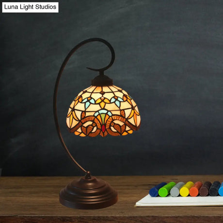 Yellow/Blue Tiffany Style Domed Nightstand Lamp - Stained Art Glass Task Lighting Curvy Arm