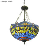 Yellow/Blue Tiffany Style Grid Dome Chandelier For Rustic Living Rooms