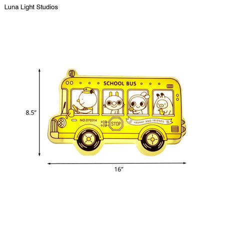 Yellow Bus Sconce Light: Cartoon Led Wall Lamp With Animal Pattern