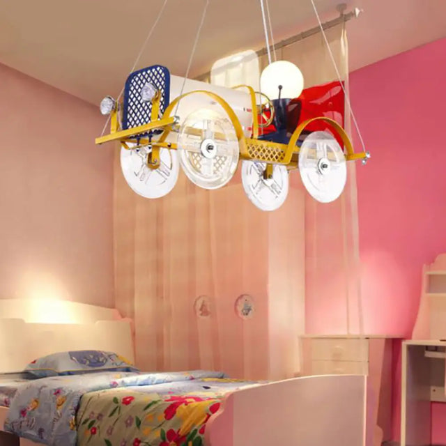 Yellow Car Pendant Light With Driver Cartoon Chandelier - Perfect For Baby Room!