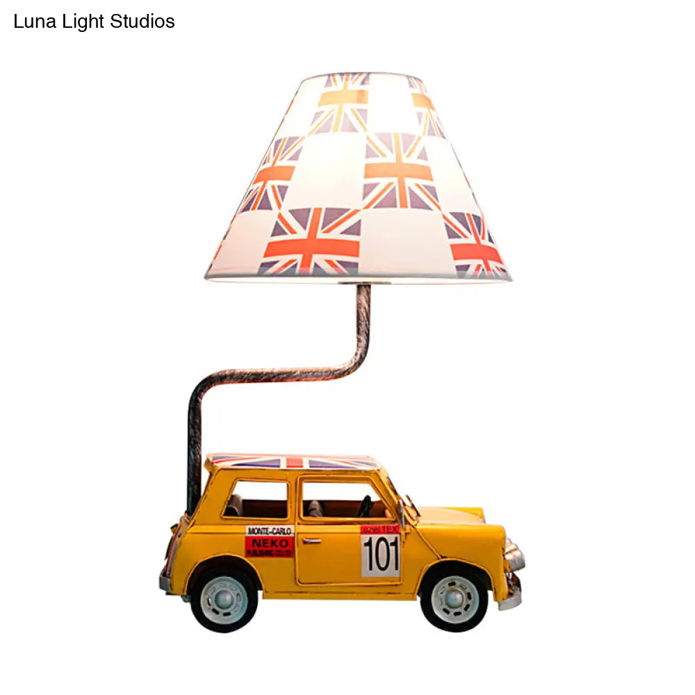 Yellow Cartoon Car Resin Desk Lamp - Cute Night Table Light With Fabric Shade