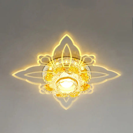 Yellow Crystal Minimalist Led Flush Mount With Floral Shape For Corridors / Warm