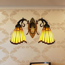 Yellow Glass Aged Brass Sconce Lighting - 2 Head Mission Wall Mounted Light / Arc