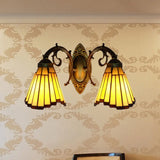 Yellow Glass Aged Brass Sconce Lighting - 2 Head Mission Wall Mounted Light / Arc